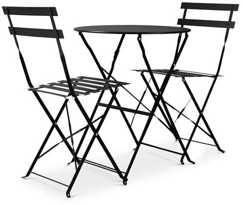 Bravich - 3 Piece Black Foldable Bistro Set with Foldable Table and Chairs. Powder Coated Steel Frame, Easy to Transport Garden Furniture For Your Garden, Balcony or Patio.