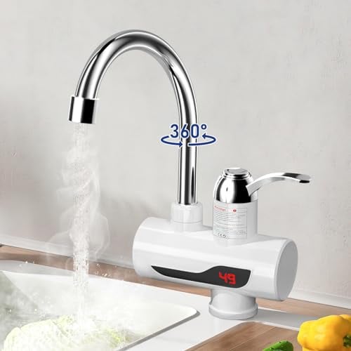 Wasserhahn mit Durchlauferhitzer, Heizung Küchenarmatur, 3000W 30-60℃ Elektrische Wasserhahn mit Durchlauferhitzer, 360° LED Wasserhahn, Heiß-Und Kaltwasserhahn für Küche Garten Wohnwagen