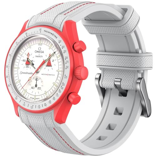 Armband für Omega x Swatch MoonSwatch 20mm, weiche Silikon Omega X Swatch Moonswatch Speedmaster Ersatzband ohne Lücken, gebogenes Moonswatch Swatch Armband für Männer Frauen (Weiße rote Linie)