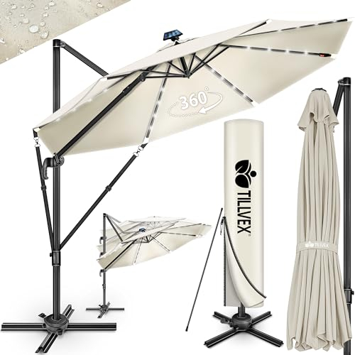 tillvex® Sombrilla Premium 330 cm LED Solar con manivela, cubierta y protección contra el viento, 6 posiciones ajustable con manivela, Parasol de jardín giratoria 360°
