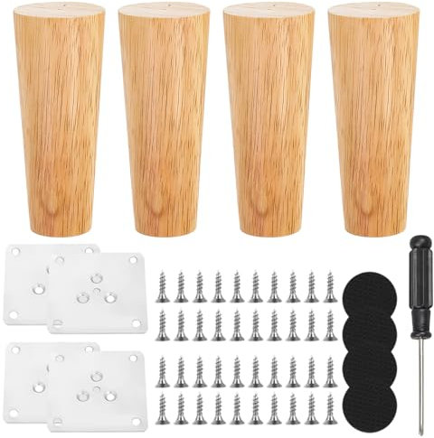 ZYNERY 12cm Holz Tischbeine, 4 Stück Konisch Möbelbeine Ersatz, Massivholz Konisch Ersatz Möbelfüße Möbelbeine mit Montageplatten & Schrauben & Schraubendreher, für Tisch Sofa Bett Schrank Stuhl