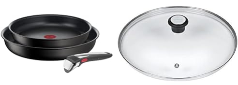 Tefal Ingenio Lot de 3 pièces, Poêles antiadhésives 24/28 cm + poignée amovible & 280975 Couvercle en Verre avec Rebord en Acier Inoxydable et Régulateur de Vapeur, 24 cm, Transparent