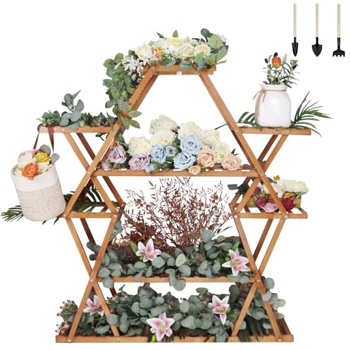 Blumentreppen, Blumenregal Pflanzentreppe, Pflanzenregal Holz, Blumenbank, PflanzenstäNder 6 Ebenen, BlumenstäNder, Bonsai PräSentationsregal, FüR Indoor Outdoor Wohnzimmer Balkon Garten, Natur