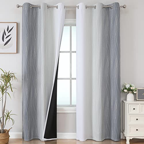 VEHEDE Farbverlauf Ombre Grau und Weiß Thermovorhang Kälteschutz Gardinen mit Ösen Schlafzimmer, Schallschutz Vorhänge Blickdicht Verdunklungsvorhänge Wohnzimmer, H 214 x B 107 cm, 2er Set