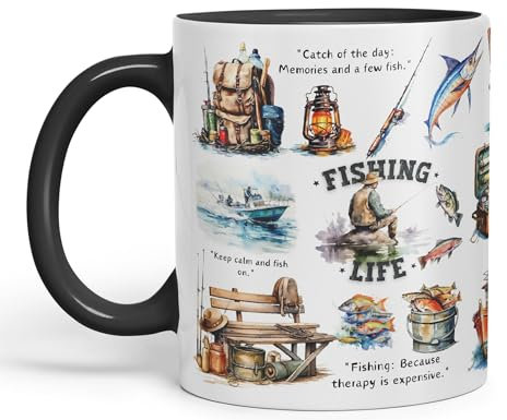 Vixar Fishing Life Fish Hobby Ceramic Coloured Mug Cup for Tea Coffee Hot Brew 330ml 11Oz Gift (Black)