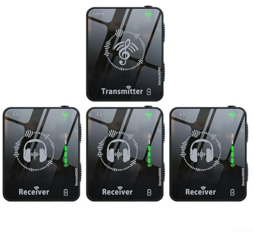 Wireless In Ear Monitor System, 2.4GHz Transmitter and Receiver, Clip-on Design, for Studio, Band Rehearsal, Live Performance(1 tran 3 receivers)