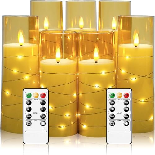 Bibykivn Flammenlose Kerzen mit Lichterkette, 7 Stück Flammenlose LED Batteriebetriebene Kerzen mit Fernbedienung und Timer, Eingebettete Lichterkette für Heimdekoration, Valentinstag (Gold)