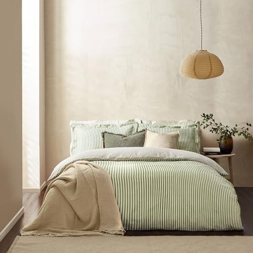 furn. Yard Hebden Mélange Stripe Cotton Duvet Set – Ultra Soft Reversible Striped Bedding (Forest – Super King)