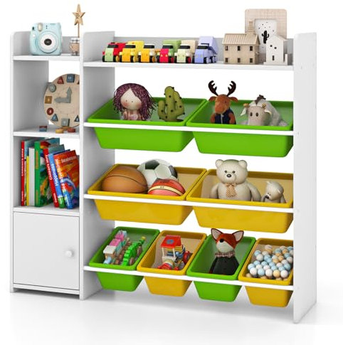 GYMAX Toy Storage Organizer, 4 Tiers Kids Bookshelf and Toy Storage Unit with 8 Bins, Open Shelves and Enclosed Cabinet, Children Bookcase for Playroom Bedroom Nursery (White)
