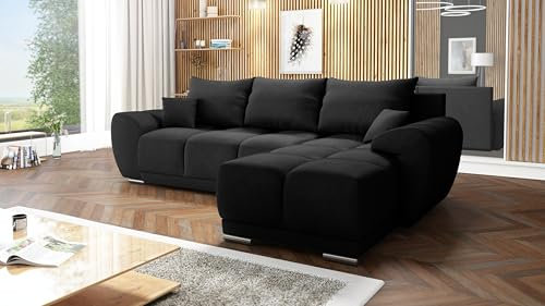 Easy4You Ecksofa Schwarz Plush Velvet L-Form 291 x 85 x 183 cm mit Schlaffunktion und Stauraum - Schlafsofa mit Bettkasten und Kissen - Moderne Wohnzimmermöbel – Stoff: Plush Velvet 99