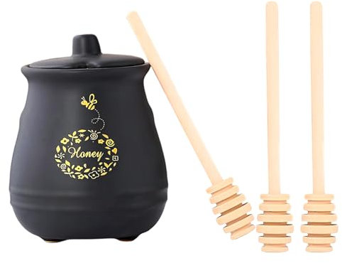 Bootoow Porcelain Honey Pots 300 ml Ceramic Honey Pot with Lid and Honey Spoon x 3 for the Living Room Porcelain Honey Container for Storage of Honey and Syrup Black Honey Pots