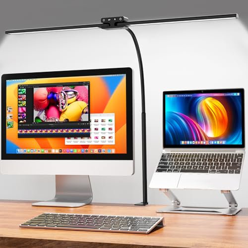 EppieBasic Desk Lamp for Home Office, 24W Led Desk Lamps with Clamp, Double Head Eye-Caring Dimmable Table Lamp, Adjustable Timer-Equipped Architect Desk Light for Study and Monitor Work