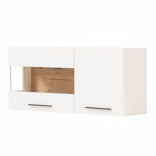 Lomadox Hängevitrine Wandvitrine Vitrine Wandschrank weiß mit Eiche 120x54x34,5 cm spiegelverkehrt montierbar