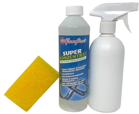 ST Glanzstar Superkonzentrat – Universal Reiniger Konzentrat (500 ml) mit Sprühflasche & Schwamm | Hochkonzentriert, vielseitig & streifenfrei | Für Haushalt, Küche, Bad, Glas & Outdoor