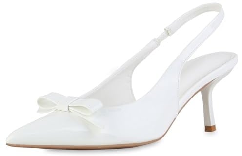 VAN HILL Damen Slingpumps Stiletto Lack Trendy Schuhe 216903 Weiss Lack 38
