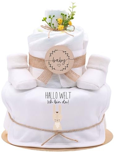 Trend Mama | Windeltorte | Hallo Welt- Ich bin da! | mit Baby Holz Sign |27 Windeln (Größe 2), Baby Lätzchen, Kuschelsocken |Geschenk Geburt (Design| Hase)