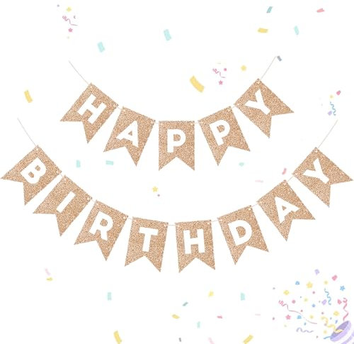 Champagner-Gold glänzende Happy Birthday Wimpelkette, Kraftpapier-Bannerfahne für Kindergeburtstage und Erwachsene