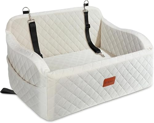 Lealchum Dog Booster Car Seat for Medium Dogs,Two Clip-On Safety Leashs Dog Car Bed for Two Small Dogs, Removable and Washable Comfy Pet Cars Seat,Easy to Install and Clean (Beige, Large)