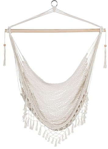 TIENDA EURASIA – Silla Colgante de Jardín | Material Tejido de Cuerda de Algodón Hilado Suave y Barra de Madera de Bambú | Color Blanco Roto | Asiento Ancho de Encaje | 100x180 cm