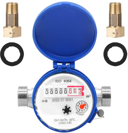 Wasserzähler Garten 1/2 Zoll, Geeicht Kalt Wasseruhr, Zapfhahnzähler Mit Montagezubehör Und Schutzabdeckung Haushalt Kaltwasserzähler Mit Zeiger Und Digitalanzeige 0-40℃ 1.5m³ / h