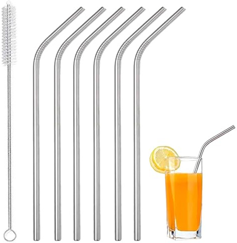 Pack of Six Stainless Steel Straws and Brush Set - Reusable, Metal, Great for Smoothie, Water, Juice, Milkshake, Curved Silver Design (6 x Straws - 1 x Brush)