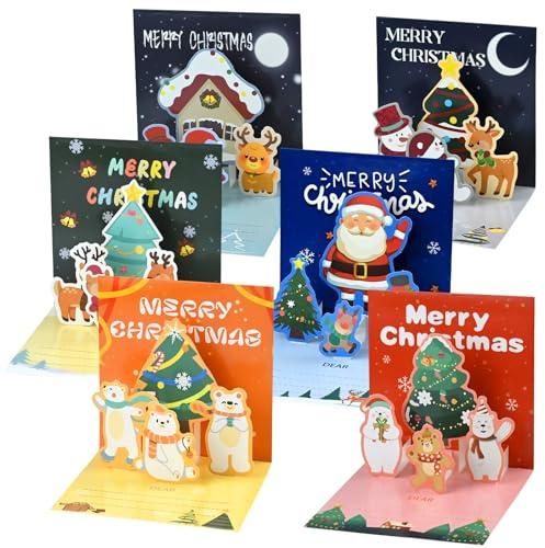 KKUOYT 6 Stück Pop-Up-Weihnachtskarten, 3D-Weihnachtskarten mit Umschlägen, für Weihnachtsgrüße an Familie und Kinder (Muster 2)
