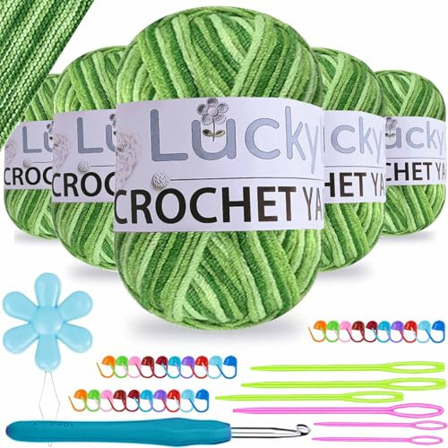 Crochet Yarn Double Knitting Wool (6X50g), Multicoloured Acrylic Yarn Crochet Wool with Aluminum Crochet Hooks Stitch Markers for DIY Craft Blankets Socks Dolls (Green Ombre)