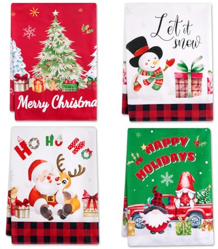 MUFEIRUO 4 Stück Weihnachts Geschirrtücher,Weihnachtsdeko Geschirrtücher, 40x60 cm, mit Weihnachtsmann, Schneemann & Tannenbaum Motiven, Saugfähige Küchentücher für Tischdeko & Weihnachtstisch