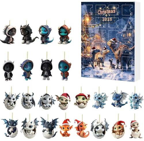 Weihnachts-Adventskalender, Drachendekoration, zum Aufhängen, für Weihnachtsbaum, Countdown-Kalender, 24 Tage, Figuren zum Sammeln, Drachenei, Acryl, für Partydekorationen