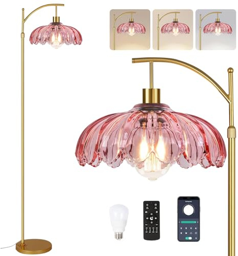 QIYIZM Rosa Stehlampe für Wohnzimmer, Schlafzimmer, Gold dimmbare Stehleuchte mit Fernbedienung, Mitte des Jahrhunderts moderne Messing hohe Lampe Boho Stehlampen gebogen Glas Blume Stehlampe Mädchen