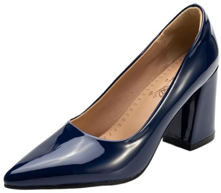 Smilice Blockabsatz Pumps Damen 8cm Absatz | Spitze Lackleder-Pumps mit Schlupf-Design | rutschfeste Sohle für Beruf und Freizeit (Dunkelblau, 35 EU)
