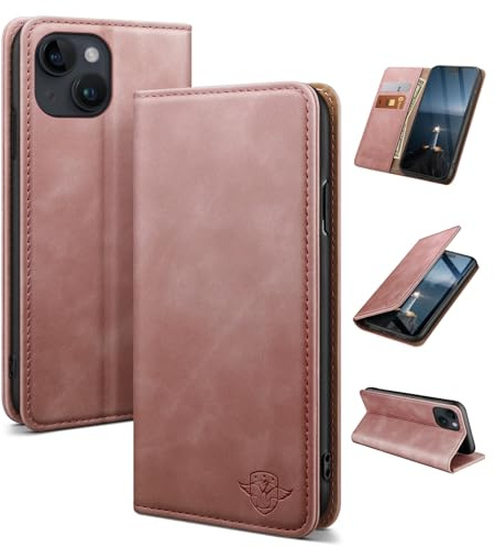 SUANDUCK for iPhone 15 6.1 mobile phone case magnetic leather flip case with RFID-blocking card compartment, adjustable stand and 360° drop protection with Apple 15 Rose Gold