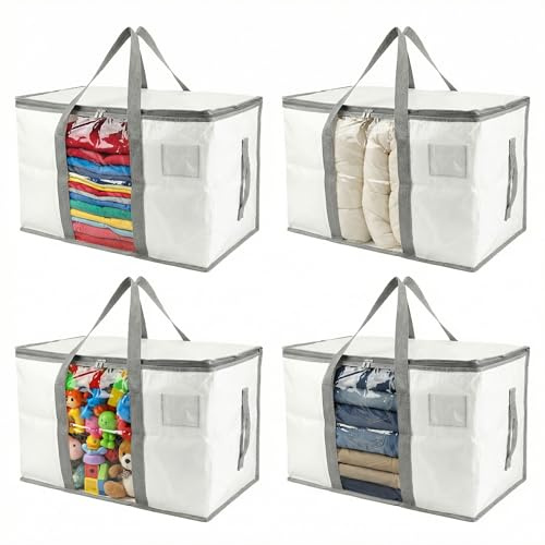 RLAVBL 90L Storage Bags with Zips 4 Pack, Heavy Duty Large Moving Bags with Handles and Label Pocket, Clear Window Packing Laundry Bags for Clothes, Blankets and Bedding, Grey and White