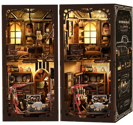 KaayeeWood DIY Book Nook Kit,374 PCS 3D Holzpuzzle Miniatur Booknook Bücherregal Dekor mit LED Lampe,Bastelset Erwachsene,DIY Puppenhaus Holz Haus Kit(Handwerkliche Autowerkstatt)