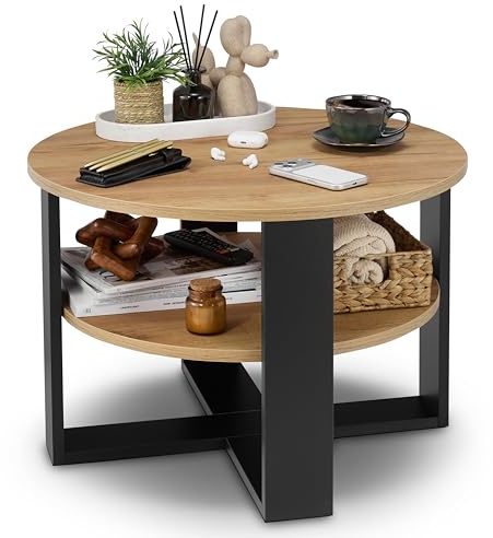 defiPad Couchtisch rund Ø70 cm mit Ablage, Schwarz/Eiche | 18-mm-Möbelplatte, 2 Ebenen, in Europa gefertigt, pflegeleichte Oberfläche, stabile Konstruktion, einfache Montage