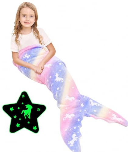 Ranedo Meerjungfrauenschwanz-Decke für Mädchen, leuchtet im Dunkeln, Einhorn-Flanell-Überwurf, weiche Ganzjahresdecke, tragbare Kuscheldecke, Geschenk für Kinder und Jugendliche, 110 × 45 cm, Lila