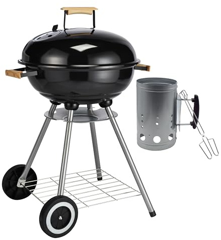 Kugelgrill Holzkohlegrill Ø 43 cm für Garten, Terrasse und Camping – mit Deckel, Holzgriffen & Zubehör optional (Grill+ Set)