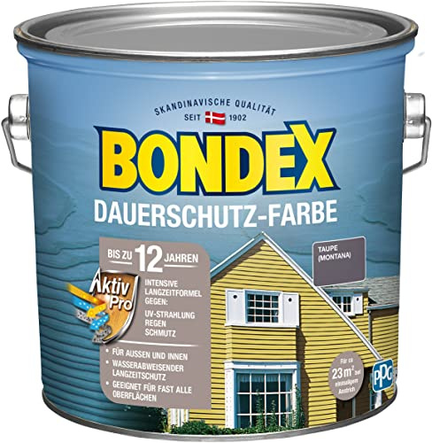 Bondex Dauerschutz Farbe Taupe (Montana) 2,5 L für 22,5 m² | Hervorragende Farbstabilität | Wetter- und UV-Schutz - bis zu 12 Jahre | Seidenglänzend | Dauerschutzfarbe | Holzfarbe