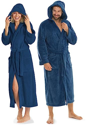 aqua-textil XS-XXXL Bademantel Kapuze Uni lang aufgesetzte Taschen Damen Herren Unisex Mikrofaser Kuschelfleece OEKO-TEX
