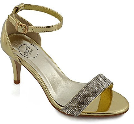ESSEX GLAM Damen Niedrige Ferse Stilett Peep Toe Diamant Gold Metallisch Sandalen EU 38