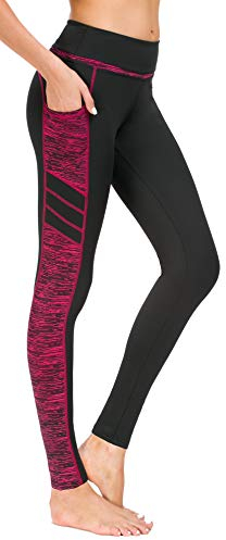 Flatik Damen Netzoberfläche Sport Gym Yoga Laufen Fitness Leggings Hose, Schwarz Rot(long Hosen), L