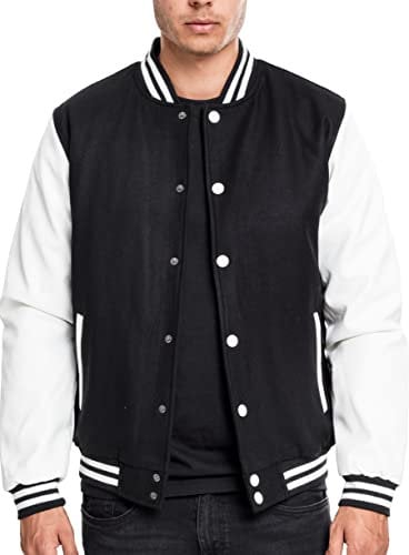Urban Classics Herren Jacke Oldschool College Jacket, stylische Männer Collegejacke mit Kunstlederärmeln, Blk/wht, 4XL
