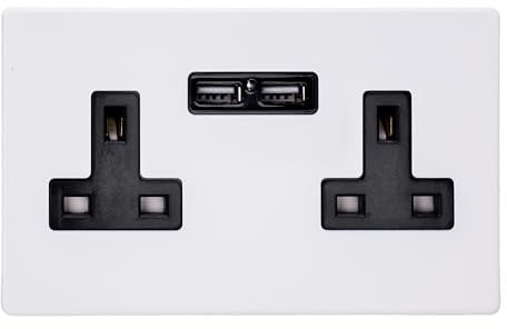 Varilight Double Unswitched Plug Socket With USB Charging - Screwless Primed With Black Insert, XDY5U2BS.PD