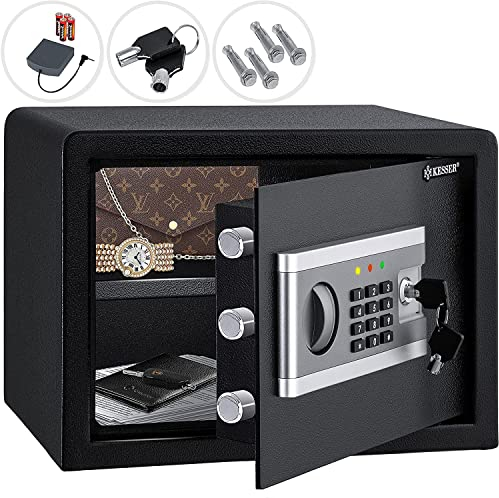 KESSER® Cassaforte elettr. | Incl. box batteria | Cassaforte elettronica | 3x doppio cilindro di bloccaggio | Cassaforte a muro a pavimento | Cassaforte a mobile | Illuminazione interna, S d'argento