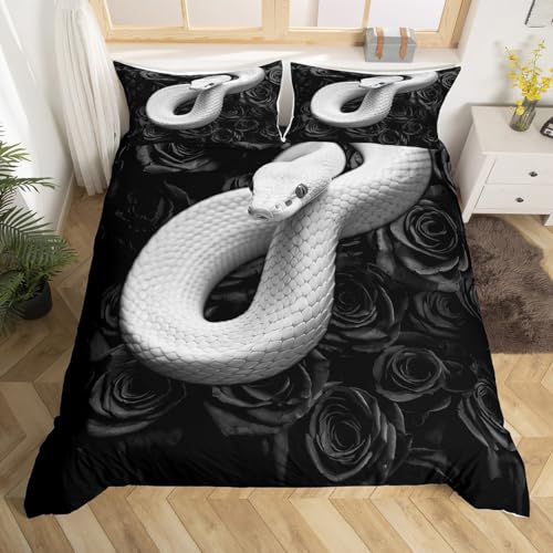 Castle Fairy Snake Comforter Cover Twin,Black Rose Flowers Rustic Duvet Cover,3D Coiled Snake White Reptile Boys Girls Soft Bed Cover,Kids Boys Girls Women Adults Modern Room Decor,No Comforter