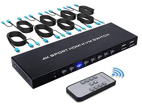 TCNEWCL 4K HDMI KVM Switch 8 Port, KVM Umschalter 8 in 1 out für 8 Computer Aktie Tastatur, Maus, Drucker und 1 HD-Monitor, mit Fernbedienung und 8 USB+HDMI 2-in-1-Kabel