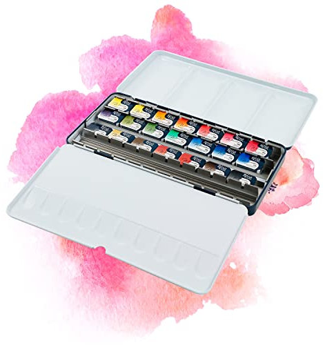 7 Artists Aquarellfarben Set Rosa Gallery – 21 x Näpfchen Lebendige Farben Wasserfarbe, Hochwertige Künstler-Aquarell im Mehrzweck-Metallkasten mit Mischpalette, Künstler Aquarellkasten