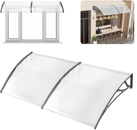 YARDIN Auvent de porte d'entrée - 200 x 100 cm - En polycarbonate transparent et aluminium - Protection contre les intempéries - Pour toit de porte et entrée - Gris