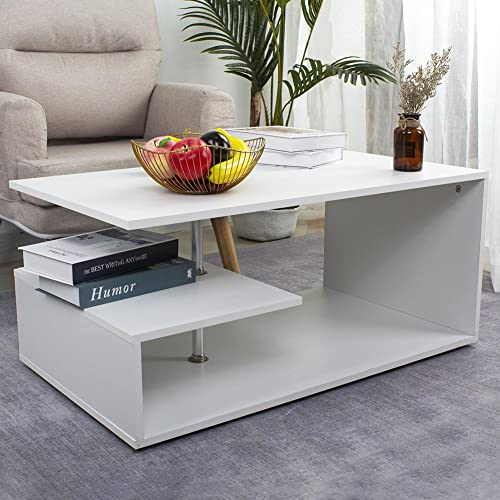 BAKAJI Tavolino da salotto bianco Soggiorno Caffe Porta PC Tavolo Salone Laterale Divano Doppio Ripiano e Struttura in Legno Design Moderno 41 x 91 x 52,6 cm Arredamento Casa Ufficio