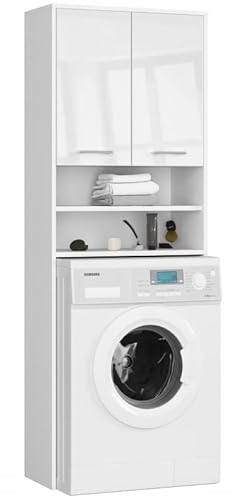 3E 3xE living.com 3xEliving Waschmaschinenschrank KORALIA mit 2 Türen, für Waschmaschine oder Trockner, Hochschrank Badregal Badschrank in weiß/weiß Hochglanz